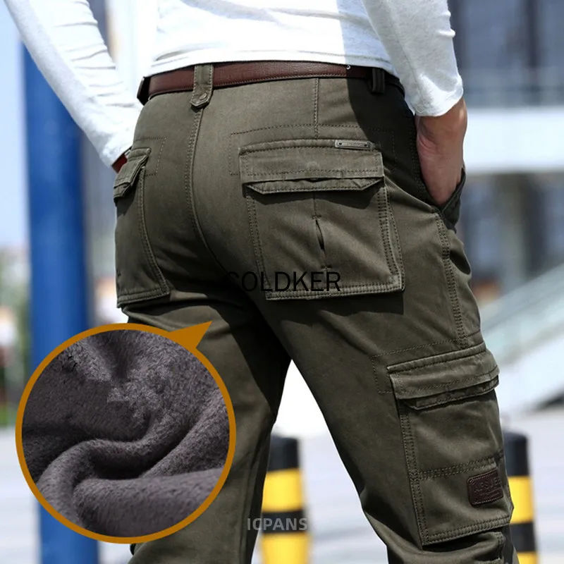 COLDKER Fleece Pants Men Winter Warm Thick Pants Long Trousers Black Khaki Green Men Cargo Pants