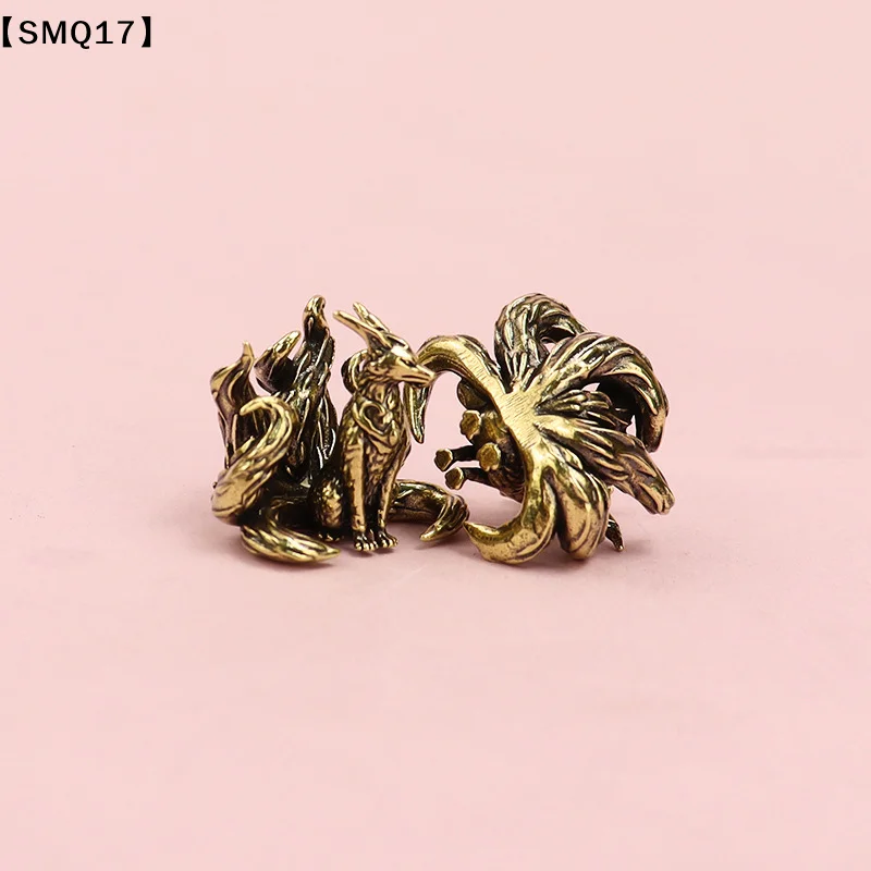 Miniature Antique Brass Lucky Nine Tailed Fox Figurines Feng Shui Ornament Copper Animal Mini Office Desktop Crafts Decor【SMQ】