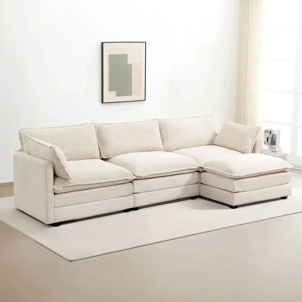 

112 Inch 4-Seat Oversized Corduroy Sectional Sofa with Movable Ottoman, Convertible L-Shaped Couch for Living Room or Office, Be