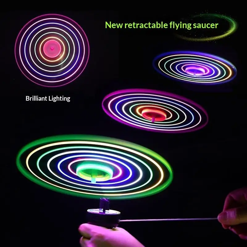 Glowing Pull String Spinning Top Luminous LED UFO Flying Disc Toy Lightweight for Kids Summer Outdoor Camping Fun