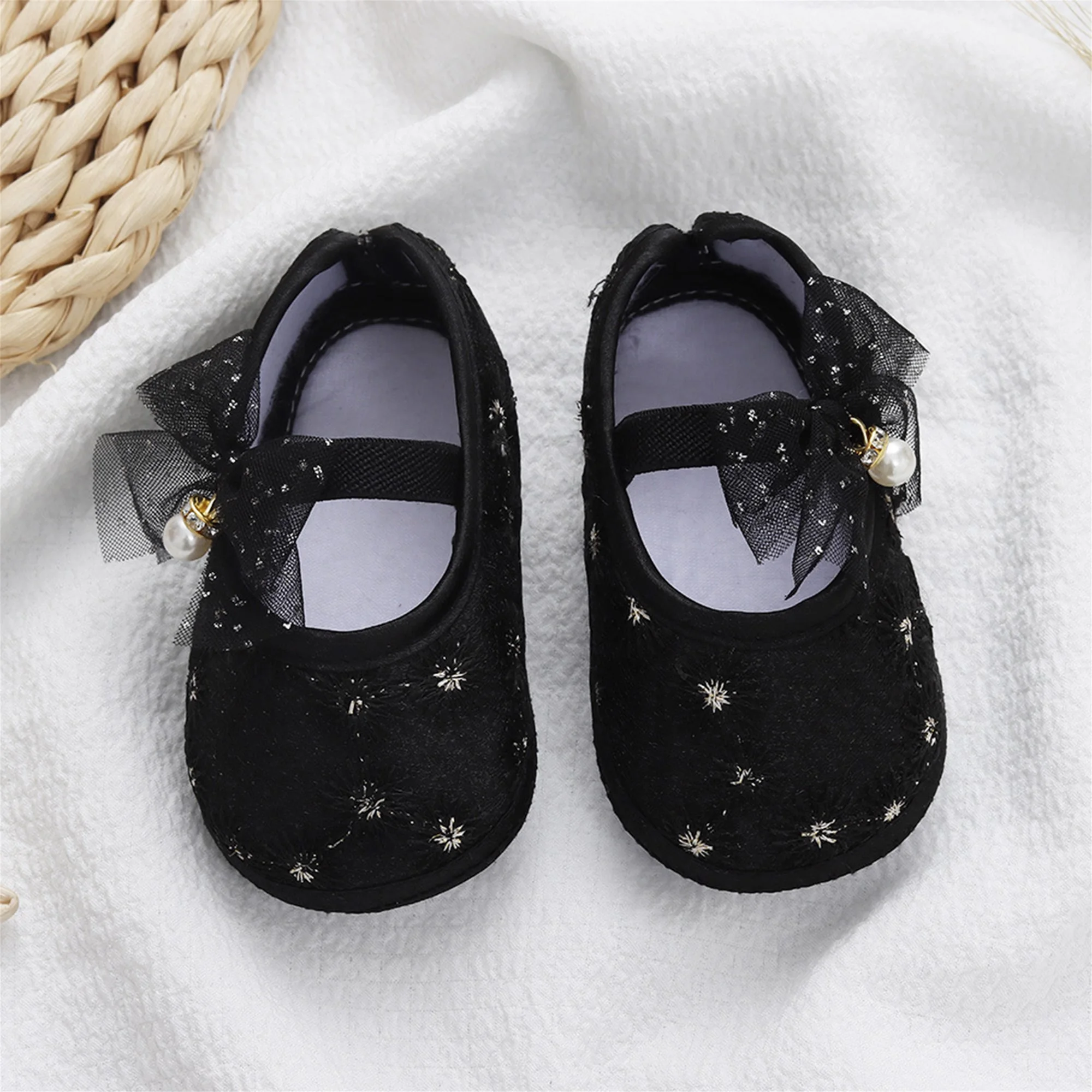 

Cute Baby Girls Sparkly Rhinestone Bow Soft Sole Slip on First Walking Shoes with Elastic Strap for Comfort
