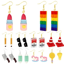 Pendiente de gota de resina para mujer, divertido, personalizado, lindo regalo para niñas, gota de oreja, lápiz labial, ratón, globo, bloque de construcción