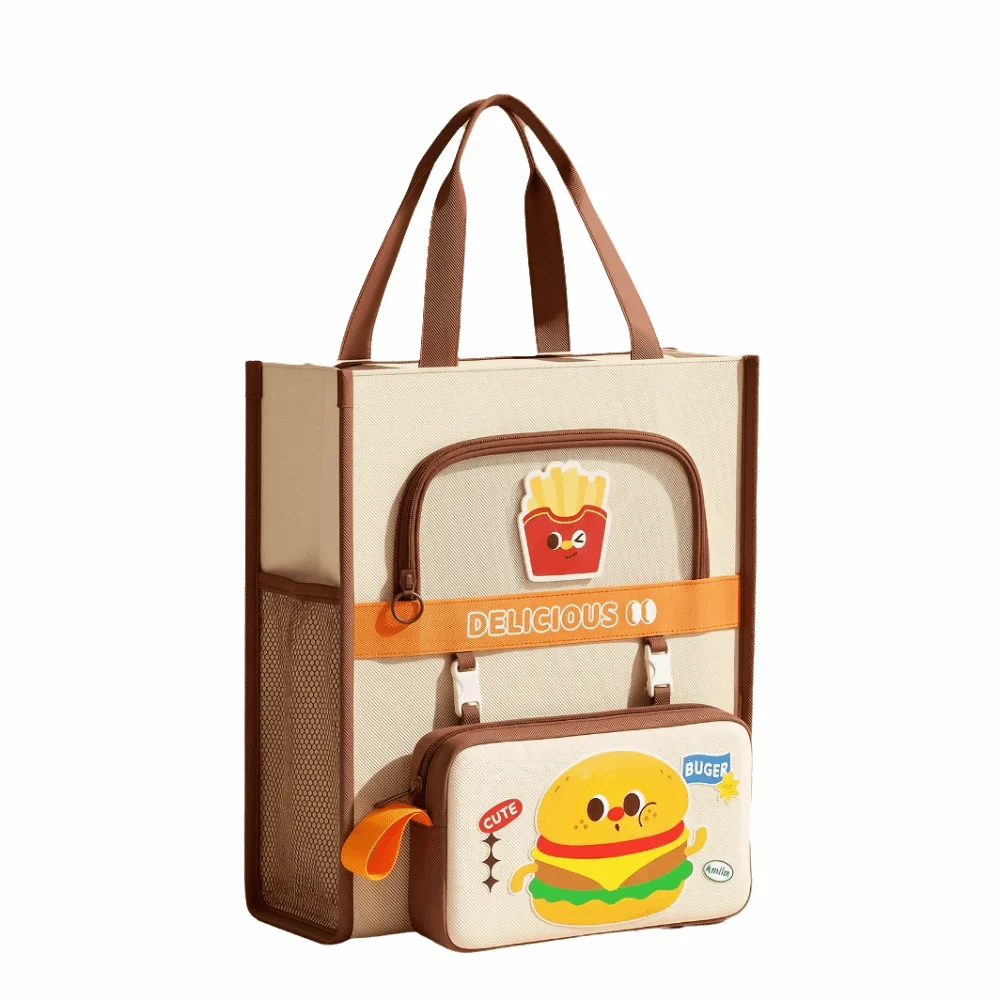 Cartoon Tote School Bag Kawaii Detachable Pencil Bag Multi-layer File Organizer with Handle Cute Dog Book Storage Bag