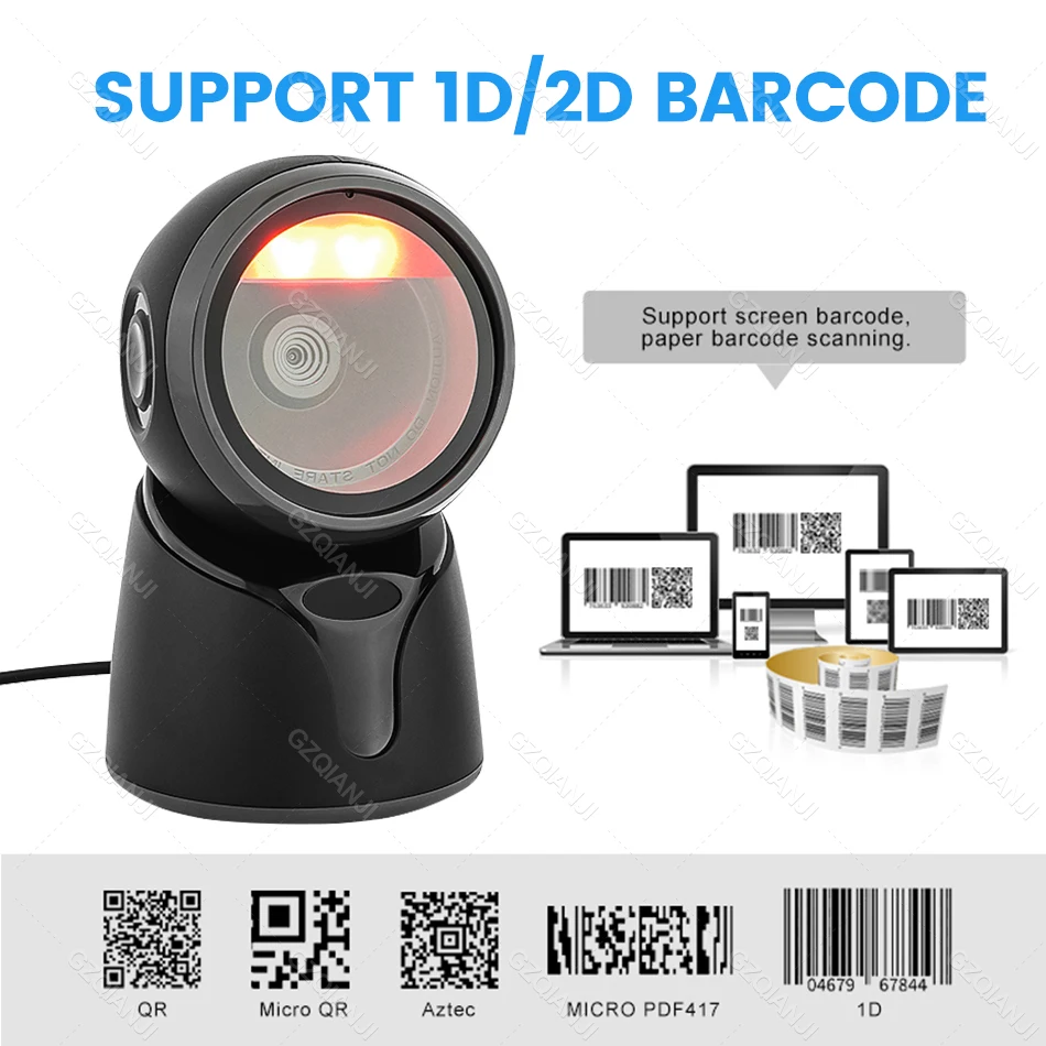 1D 2D Desktop Barcode Scanner Automatic Sensing Scanning Omnidirectional Hands-Free Barcode Reader QR Platform Scanner