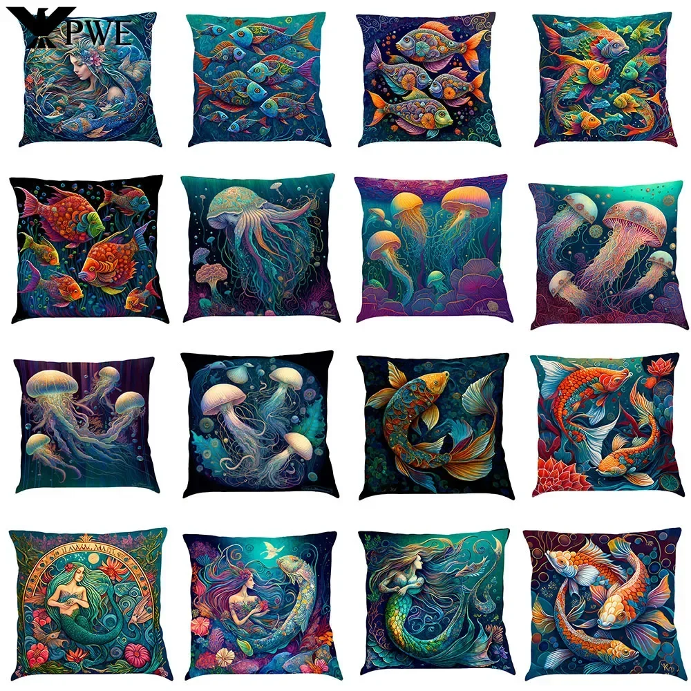 

45x45cm Fish Turtle Ocean Sea Pattern Polyester Throw Pillow Cushion Cover Car Home Decoration Bed Decorative Pillowcase