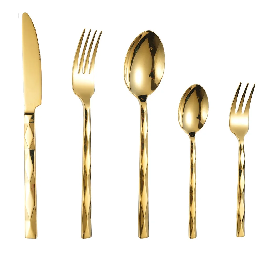 

5Pcs Luxury Tableware Set 304 Stainless Steel Knife Fork Spoon Cutlery Set Elegant Dinnerware Set Creativity Rhombus Handle Gift