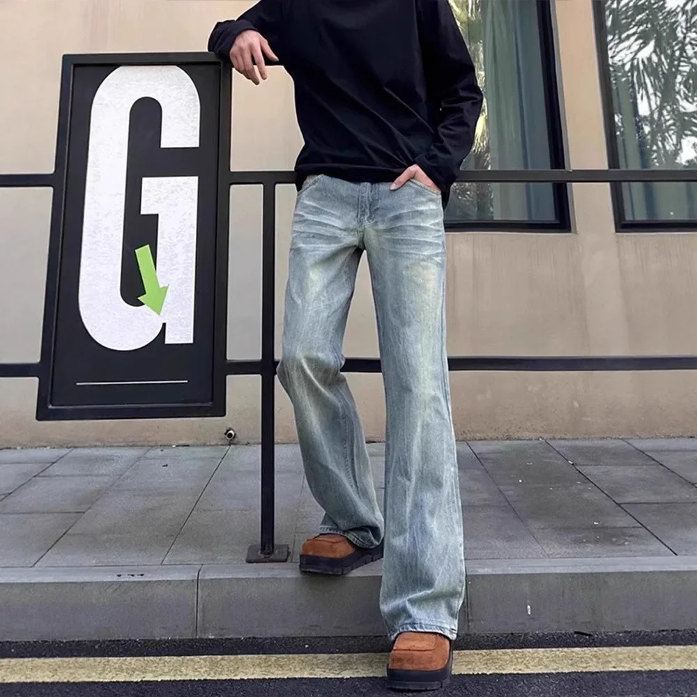 American New Fashion Men's Light Blue Casual Trendy Simple Basic Daily Slim Flare Denim Trousers Male Jeans Pants Male Clothes