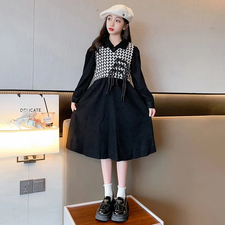 

Girl Dress Suit 2024 New Spring Autumn Korean Fashion Style Sets Girls Plaid Waistcoat Long Sleeve Princess Dress Two Piece Suit