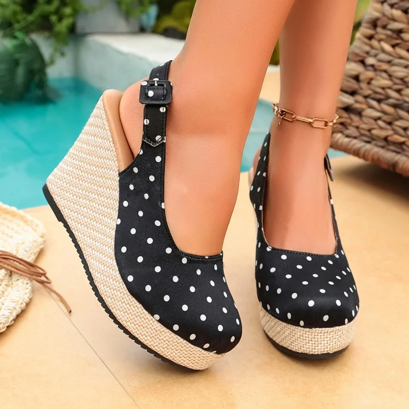 

Women Wedge Sandals Summer New Fashion Polka Dot Slingback Ankle Strap Sandals Round Toe Closed Toe High Heel Female Shoes,36-43