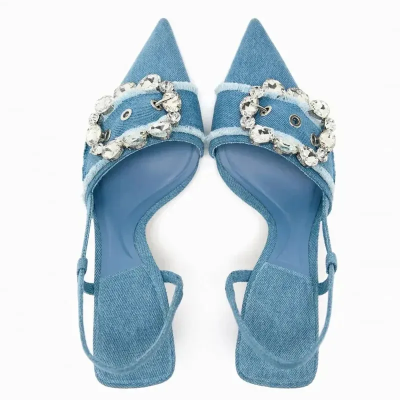 Denim niebieskie sandały damskie eleganckie buty na wysokim obcasie Slingback buty ze szpiczastym noskiem moda projektant Rhinestone kobieta