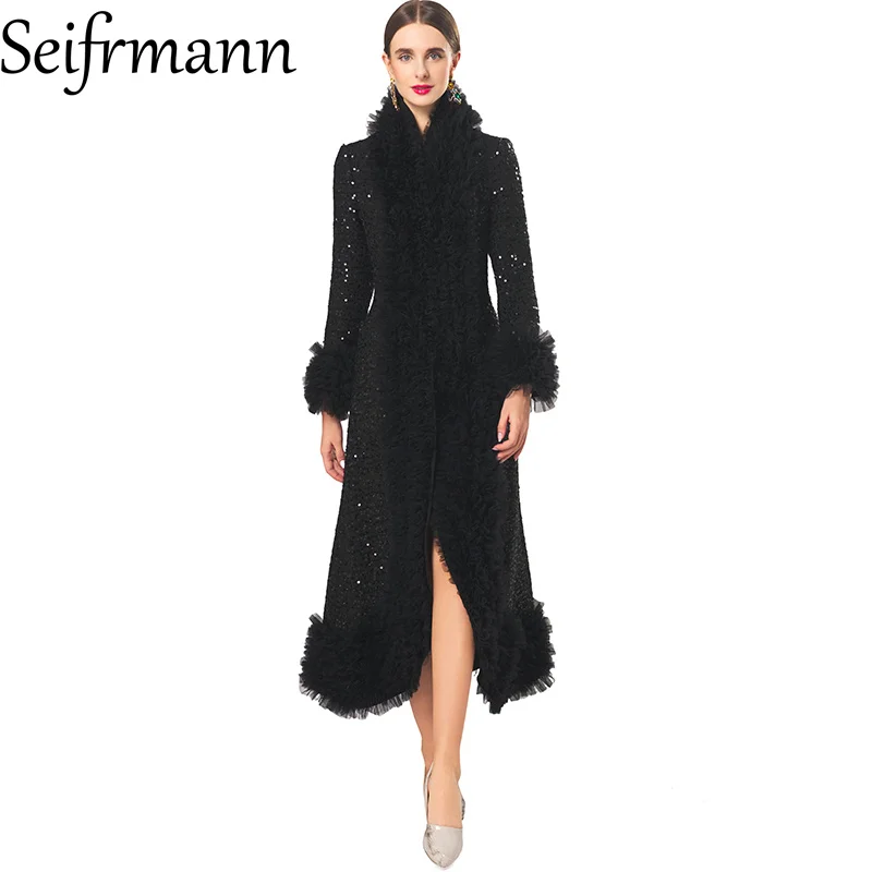 Seifrmann Spliced ​​Mesh Sequin Coat Stand Collar Long Sleeve Waist overcoat 2026 Summer Women's New Style