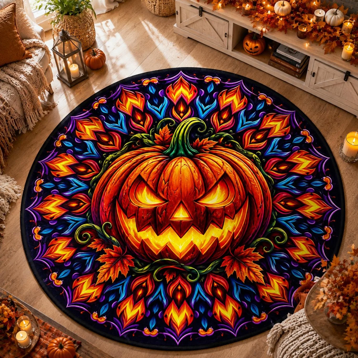 Halloween Pumpkin Round Rug, Glowing Jack-O'-Lantern, Quirky Floral Gothic Autumn Area Rug