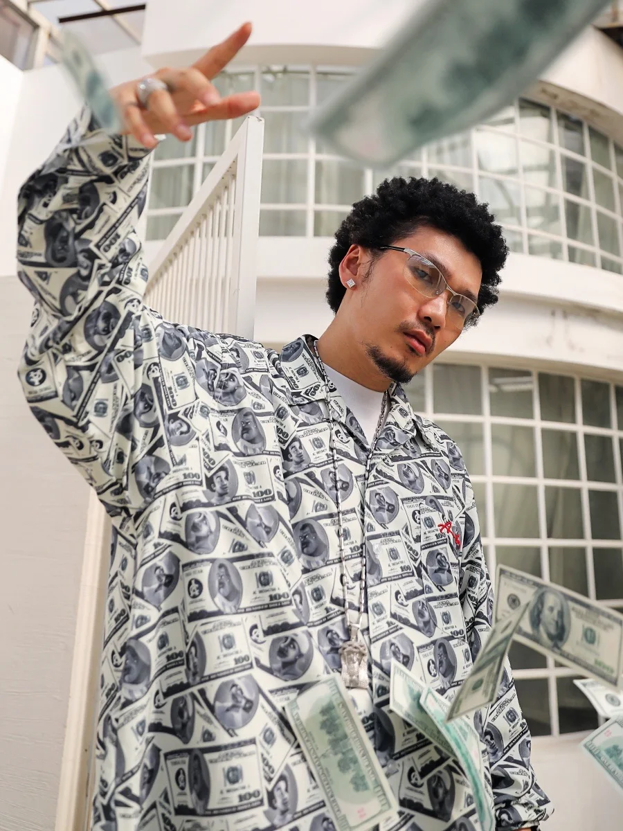ACUSA Long Sleeve Shirt Money Pattern Black Head Hip Hop Loose Fit Casual Style Cotton Breathable Men's Shirt Spring Summer