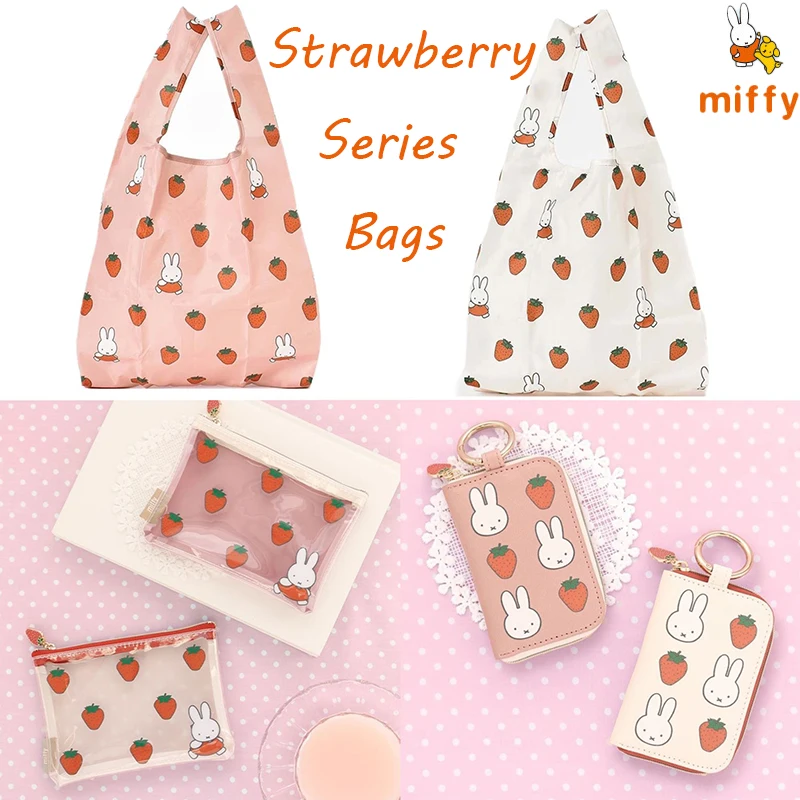 

Cute Miffy Strawberry Series Bags Cartoon Foldable Tote Dopamine PU Coin Purse Anime Portable PVC Zipper Bag Girls Perfect Gifts