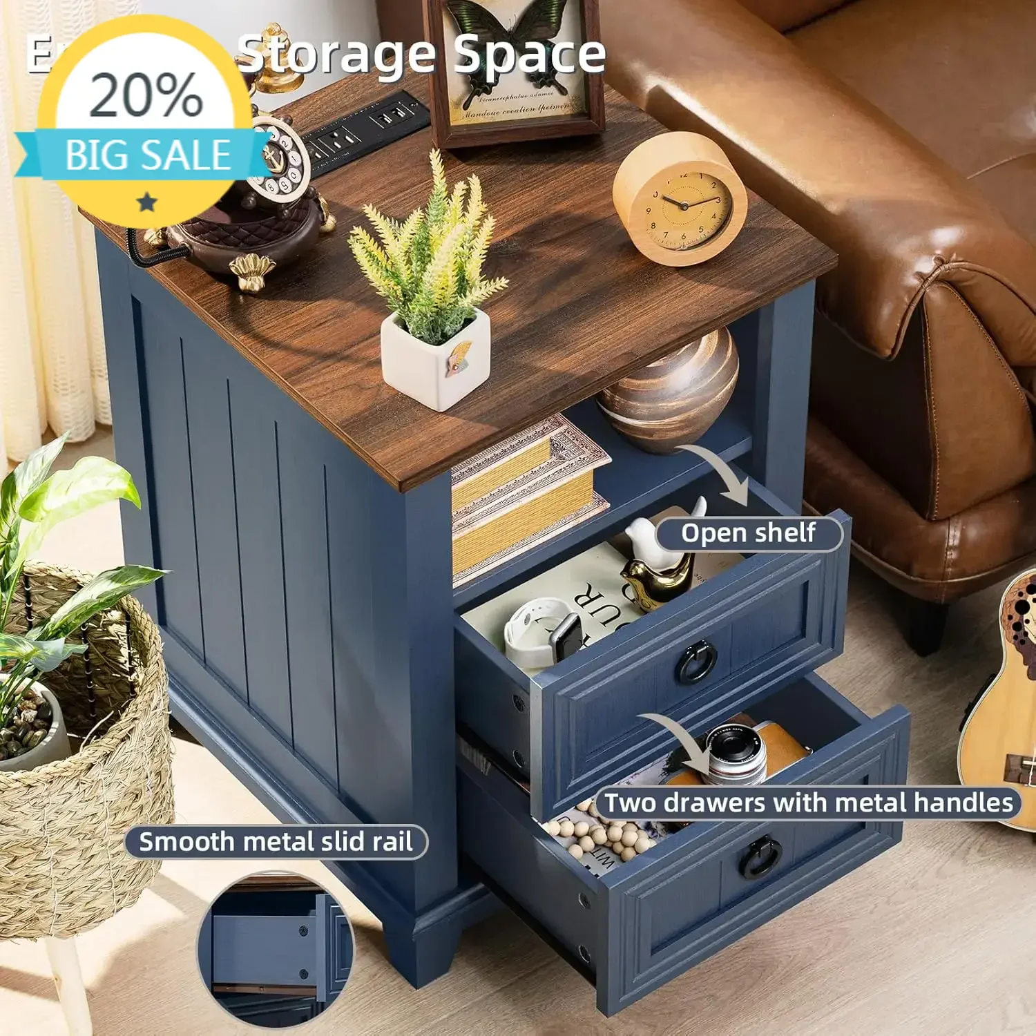 

Bestseller18" Farmhouse Night Stand with Charging Station, 2 Drawers End Table Dresser for Bedroom, Blue Wooden Nightstand, Bed