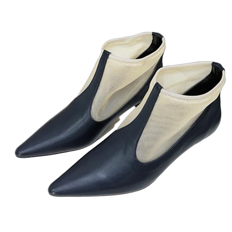 

Withered Minimalist Mesh Cwohide Leather Stitching Summer Shoes Boots French Elegant Retro Pointed Toe Kitten Heel Boots Shoes W