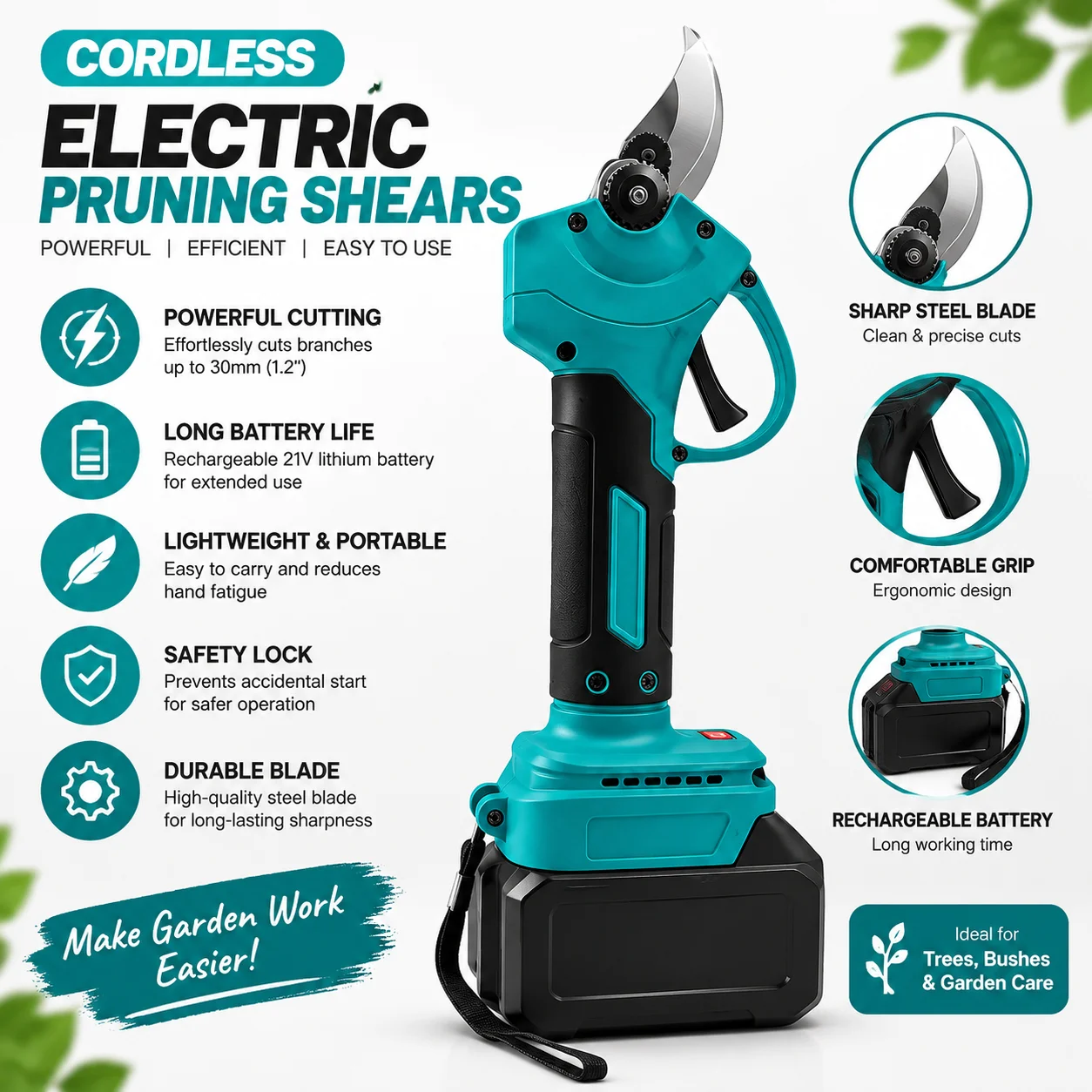 Cordless Electric Pruning Shears Battery Powered Tree Branch Cutter 18V Garden Tool Fruit Tree Garden Yard Maintenance