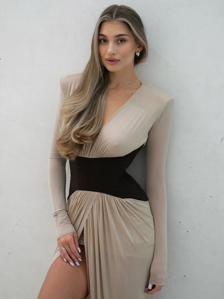 Articat Elegant Long Sleeve Patchwork Bodycon Party Club Evening Dress Women Sexy Deep V Slim Formal Dress Wedding Dress 2026