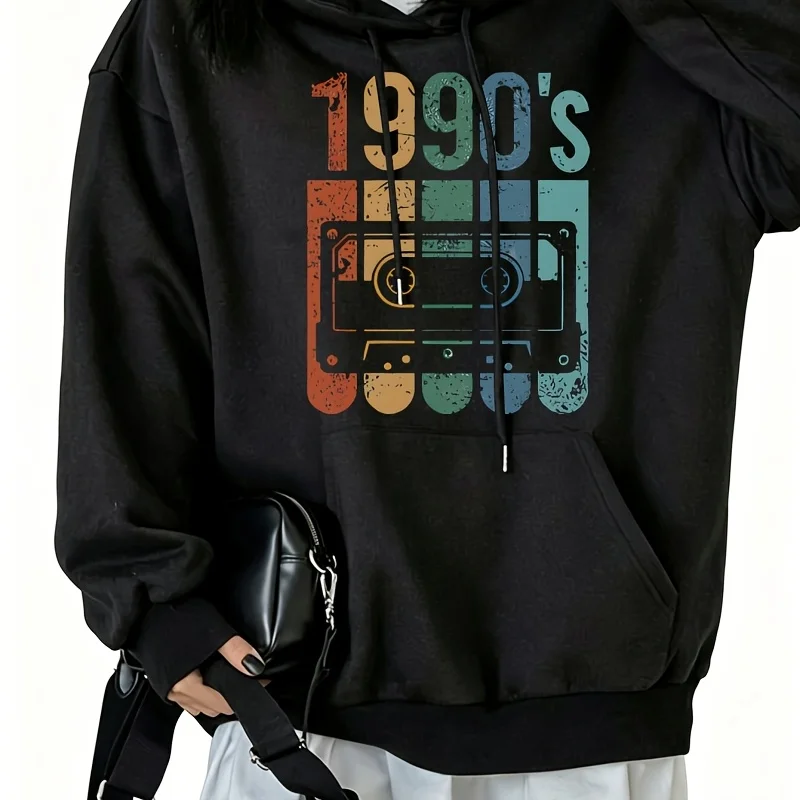 90s Style Cassette Print Women Hoodie Sweatshirt