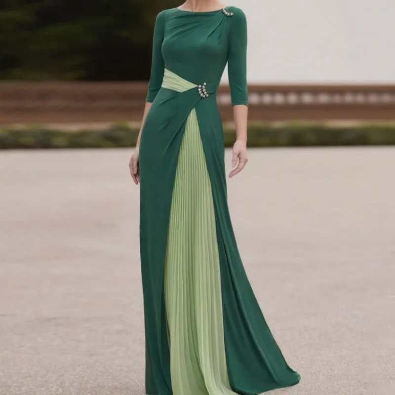 

Jewel Neck 3/4 Sleeves Wedding Party Gowns Pleat Floor Length Mermaid Simple Green Mother of the Bride Dresses