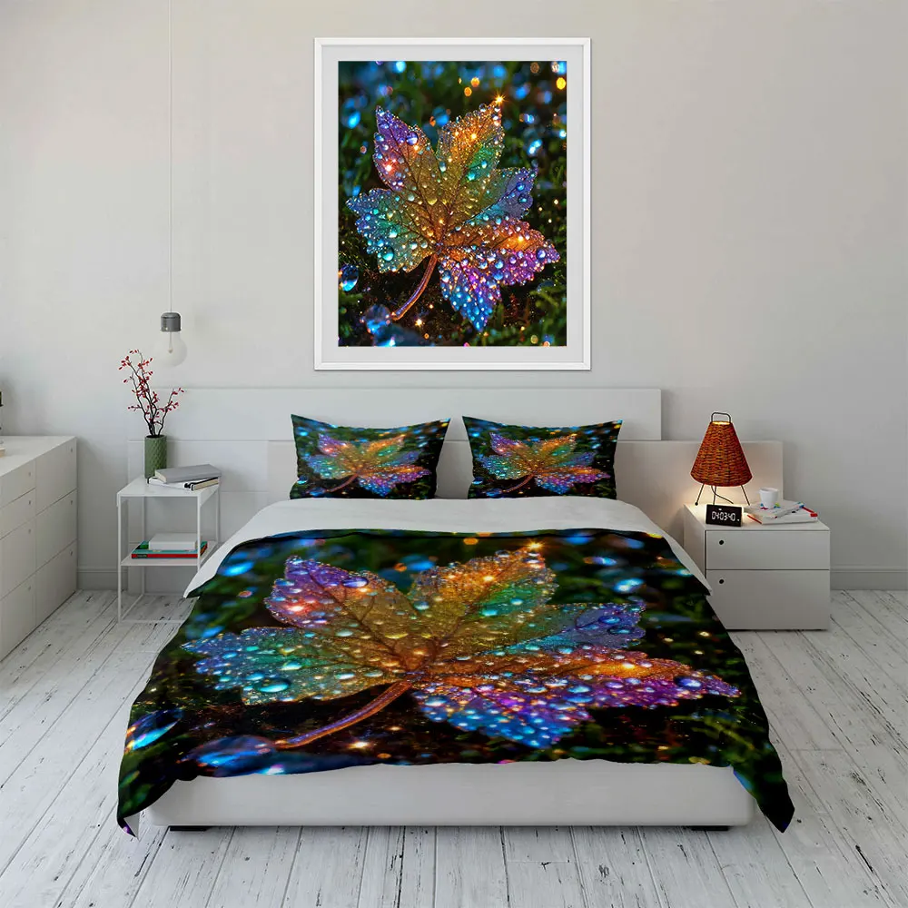 Juego de Ropa de Cama con Diseño de Hojas Arcoíris, Funda de Edredón con Estampado de Hojas de Arce Coloridas y Gotas de Rocío + 2 Fundas de Almohada, Decoración Encantada de la Naturaleza