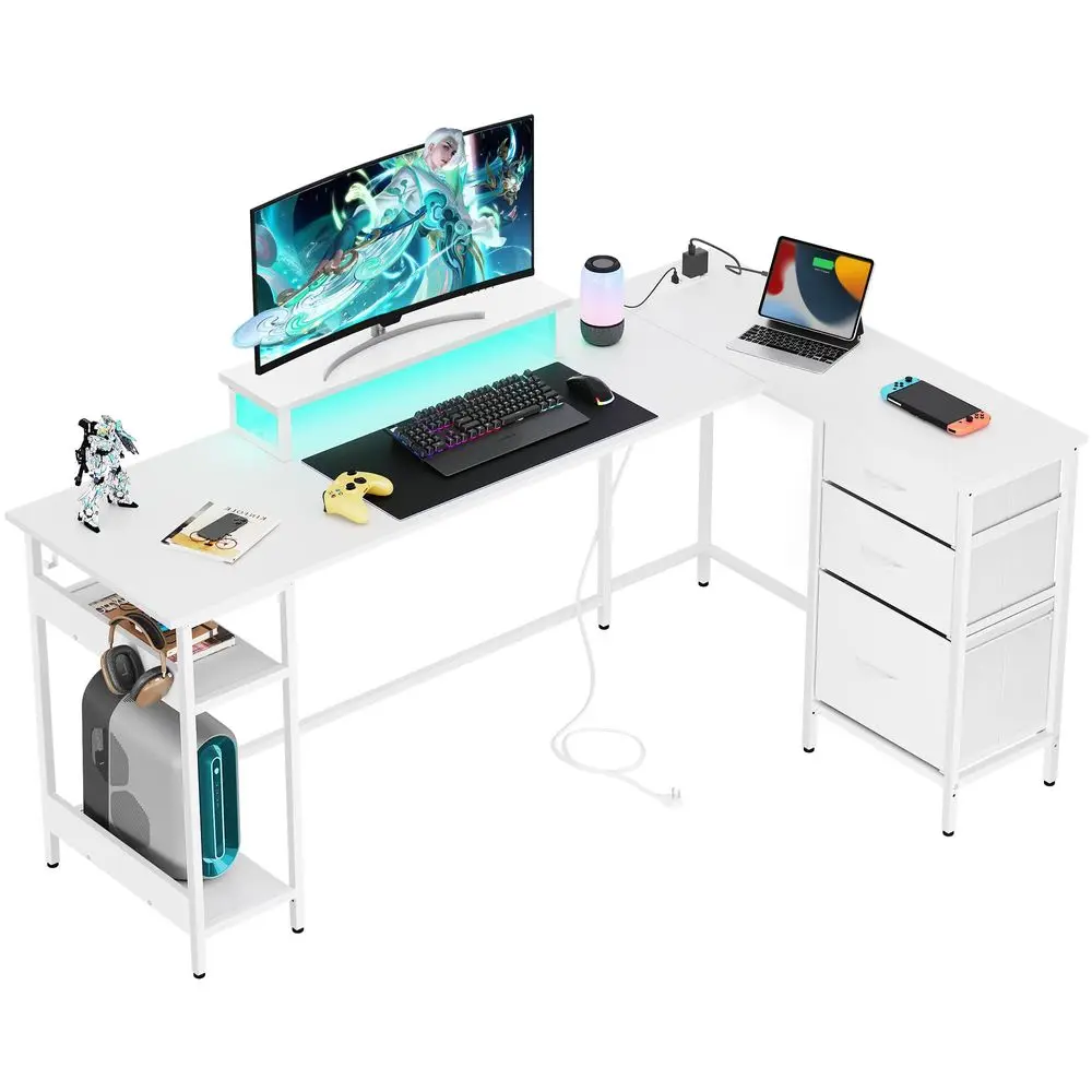 

L Shaped Gaming Desk with Drawers and Storage, L Shaped Desk with LED Lights, Power Outlets, PC Desk with Monitor Stand, Corner