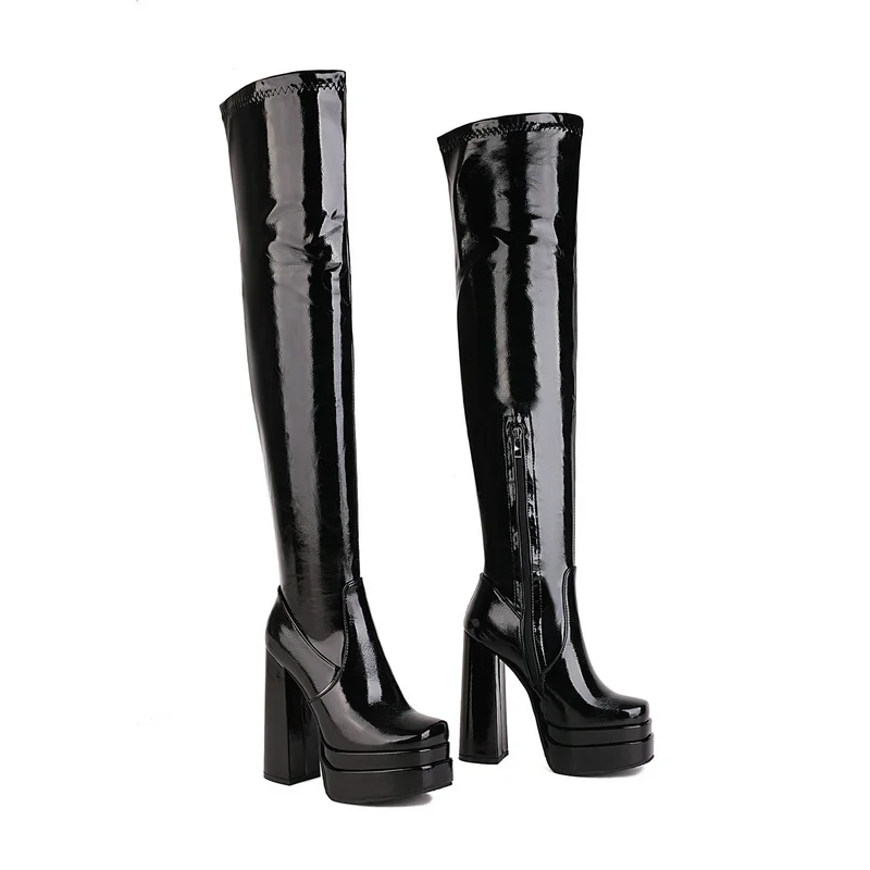 2022 Women Over the Knee Boots Platform Thick High Heel Ladies Thigh Boots Patent PU Leather Square Toe Zipper Dress Women Boots