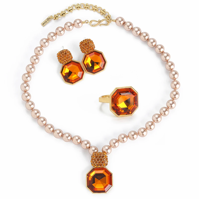 Vintage Orange Red Crystal Jewelry Sets Pendant Necklace Earrings Ring Luxury Trendy Classic Retro High Quality Gift For Women