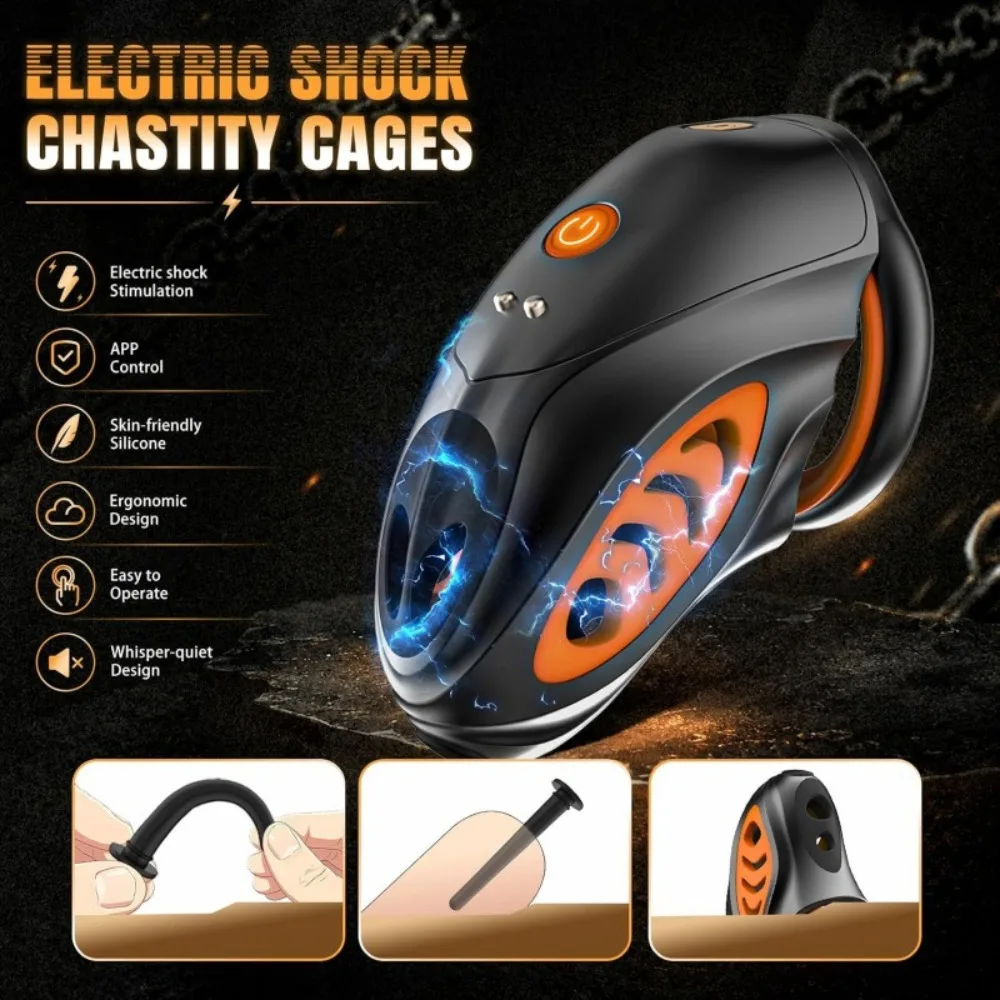 New APP Control Electric Shock Chastity Cage Male CB Penis Devices with 6 Ring Catheter Penis Exercises Bondag Adult Sex Toys view 3