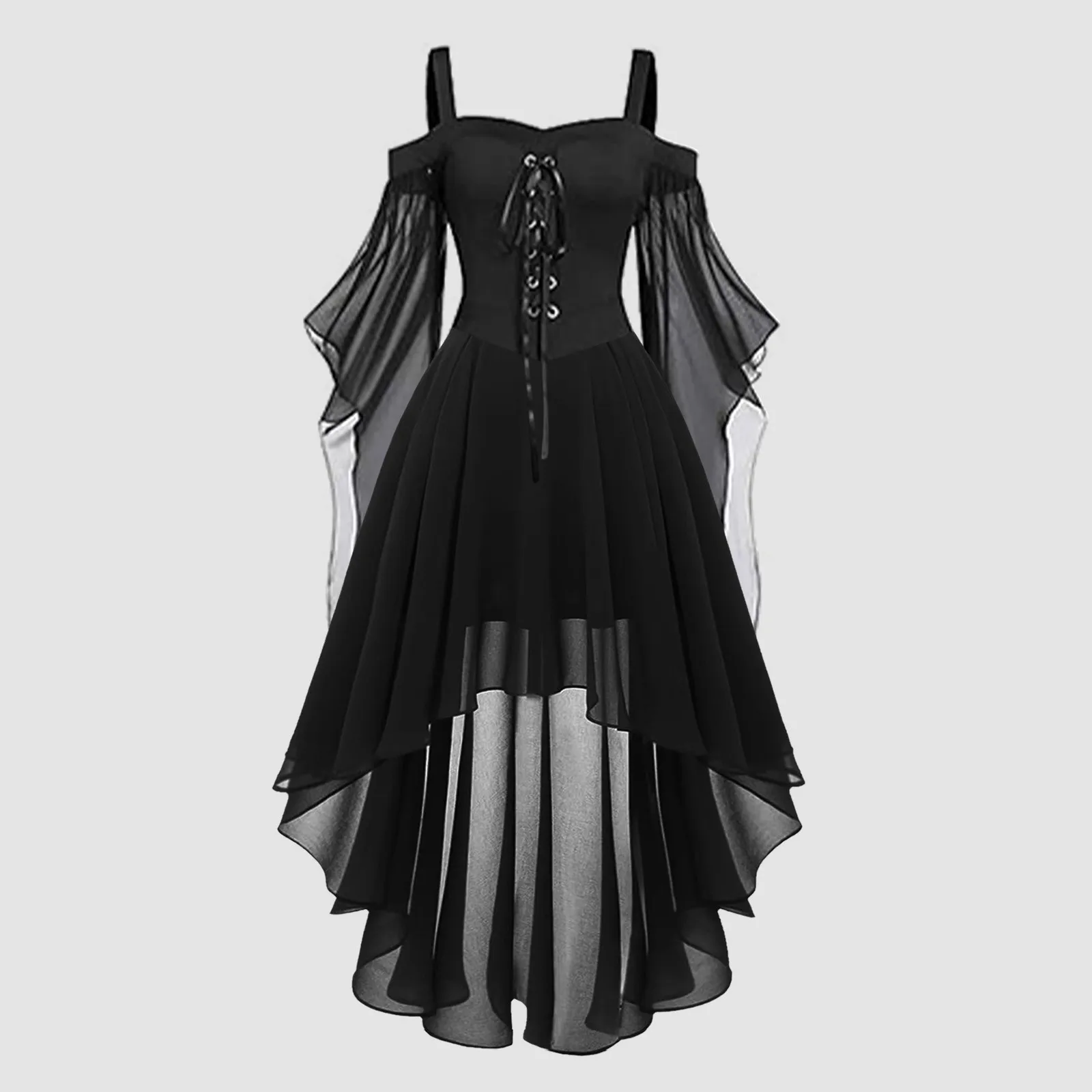 Penyihir Halloween kostum Cosplay Gotik Off Shoulder Lace-up Vestidos perban jala tipis A-line gaun pesta panjang untuk wanita