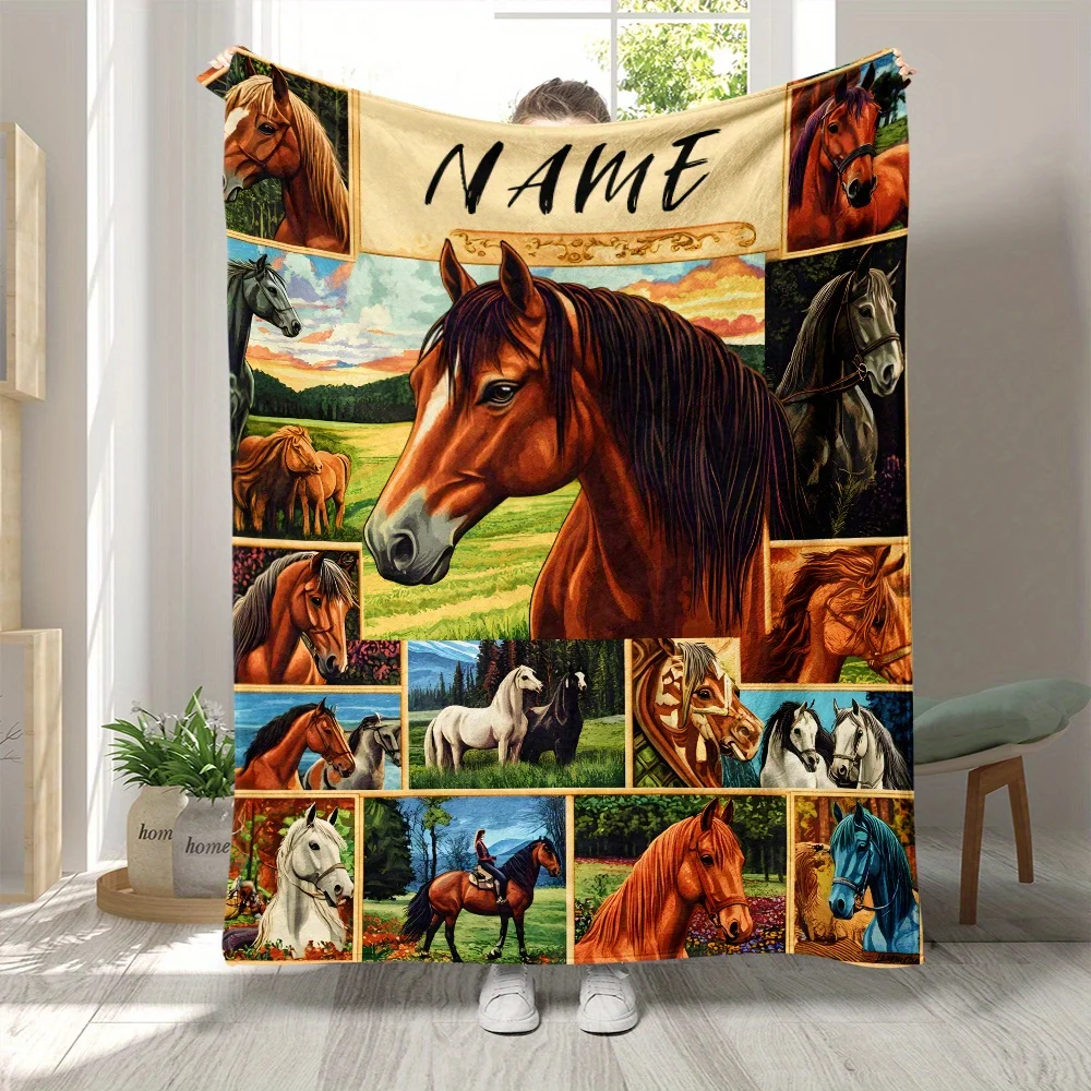 Personalisierte, individuelle Namens-Pferdemuster, weiche, warme Flanell-Überwurfdecke, ganzjährig, gemütliches Flanell für Couch, Reisen, Camping, Büro, Bett