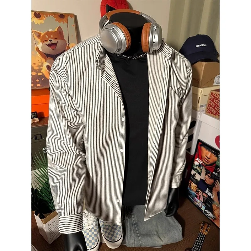 

Black And White Striped Jacket Men's Autumn Winter Japanese Retro Base Cleanfit Layered Long Sleeve Shirt