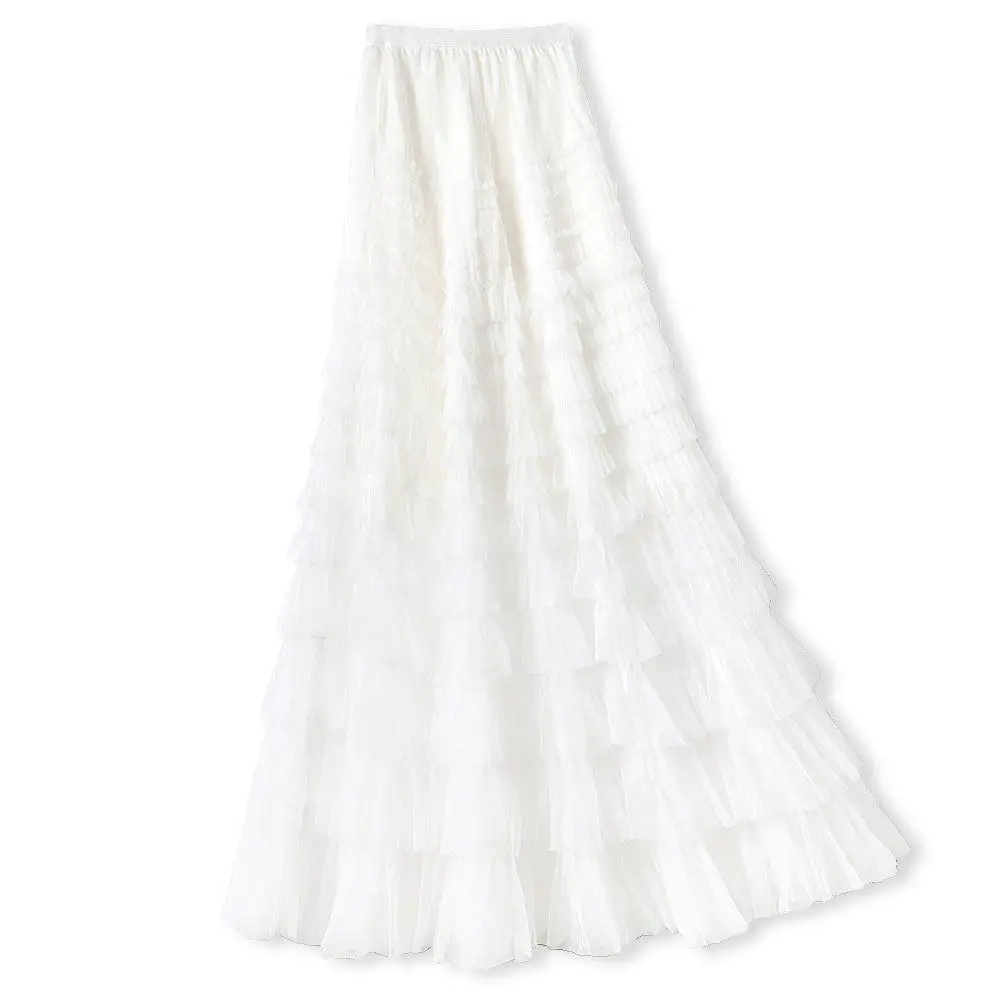 BirdTree-Lining Silk Double Crepe Elegant Skirts, Elastic Waist Ruffles , Women Versatile Fairy Cake Skirt, 2026 Summer B63964CC