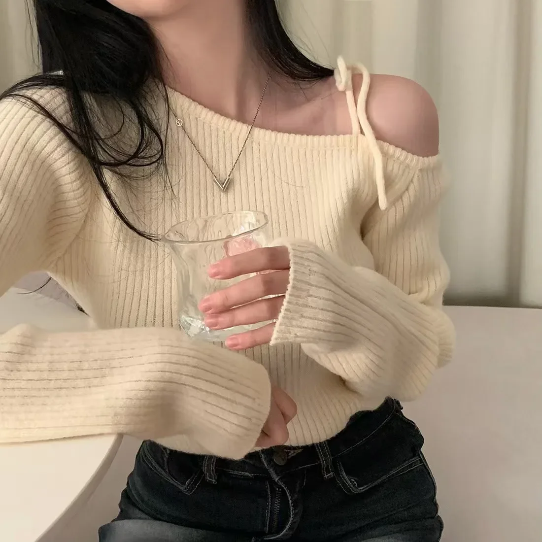 Autumn Casual Slim Irregular collar Long Sleeve bottoming Pullover Sweater Women Knitted Sweaters Femme Solid Thin Tops Clothing