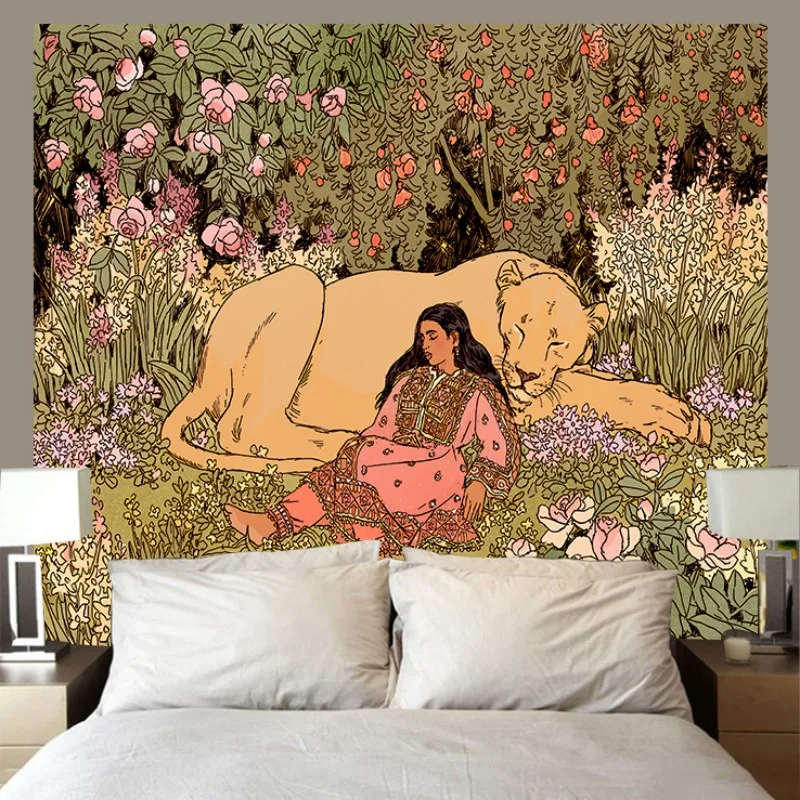 VIKAMA Wandteppich-Dekoration, Bohemian Sofa-Überwurf Wandbehang, Minimalistische Kunst-Tiger für Mädchen, Ästhetische Heimdekoration für Meditationsräume