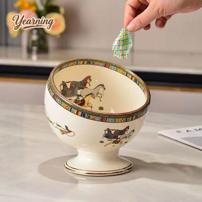 Desktop Mini Trash Can Small Cute Ceramic High Foot Storage Bucket Waste Bin for Home Bedroom