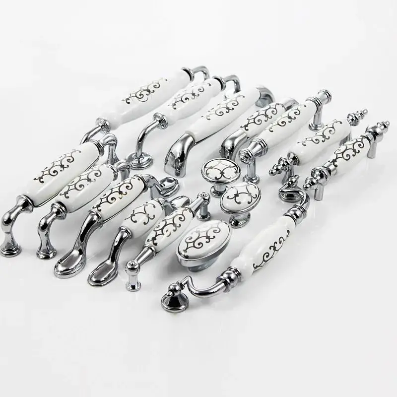 Zinc Alloy Ceramic Dresser Pulls Drawer Furniture Handles Ceramic Kitchen Cabinet Door Knobs Silver Knobs Pulls Porcelain