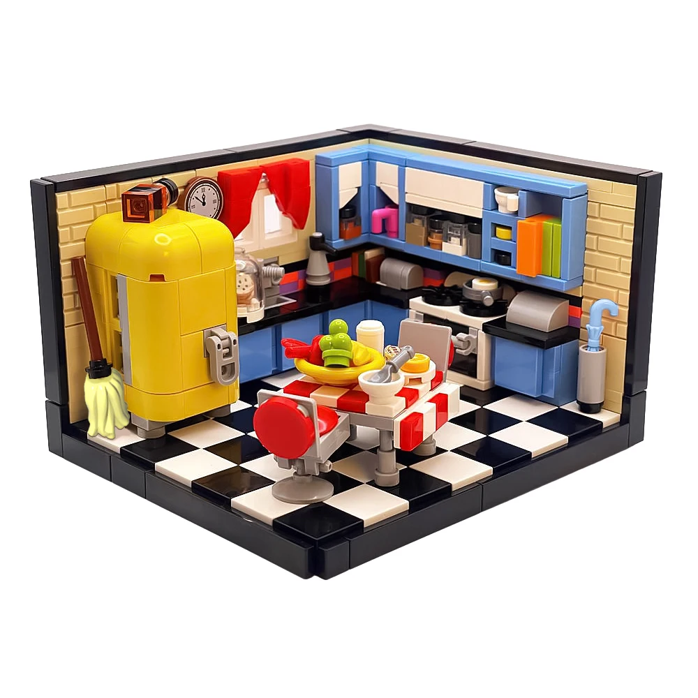 MOC Mid-Century Kitchen Diorama Model klocki DIY Design stół kuchenny pokój spożywczy dom architektura cegły zabawka prezent dla dzieci