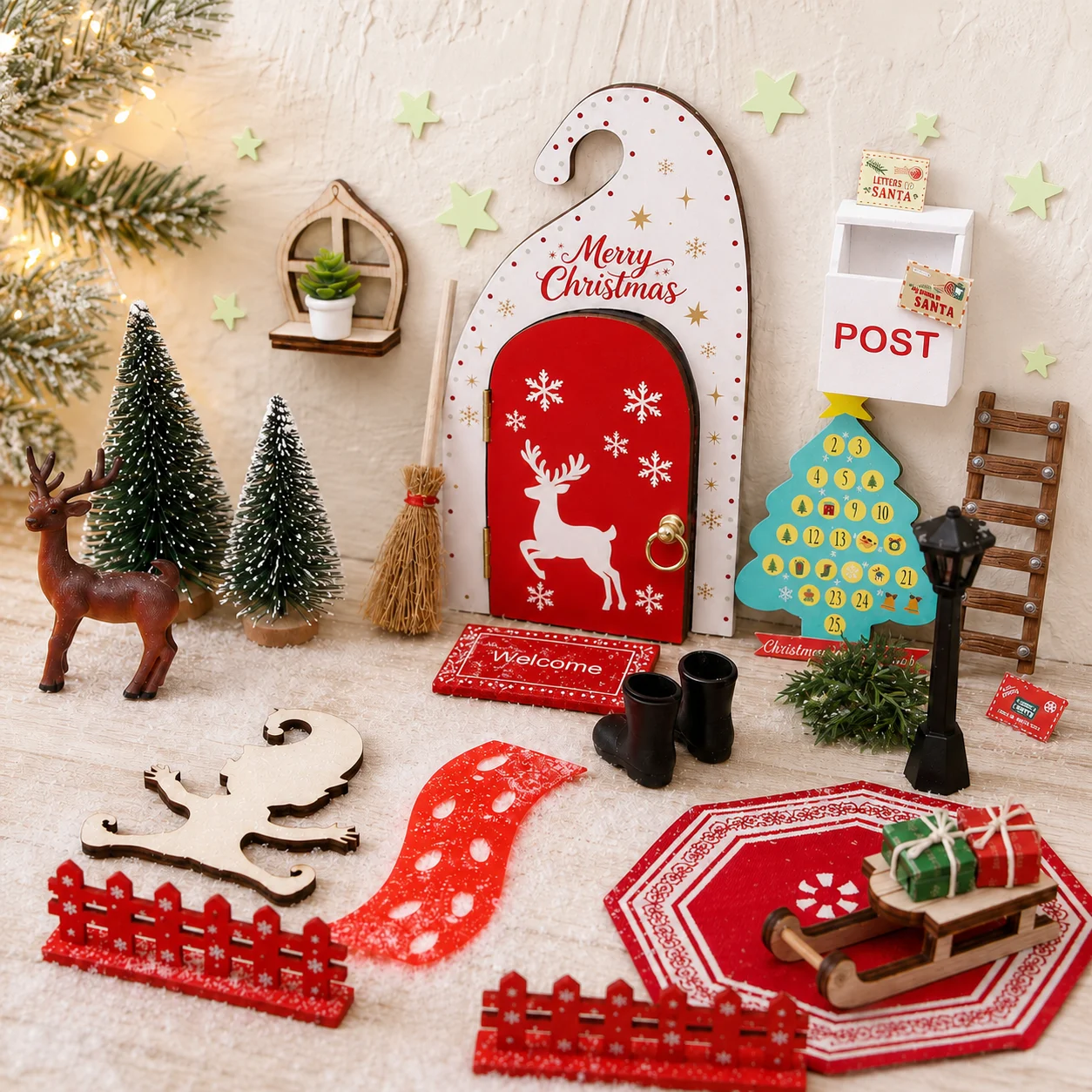 1:12 Dollhouse Miniature Christmas Decoration Set Santa Elf Door Tree Reindeer Sled Fence Accessories for DIY Holiday Scene Deco