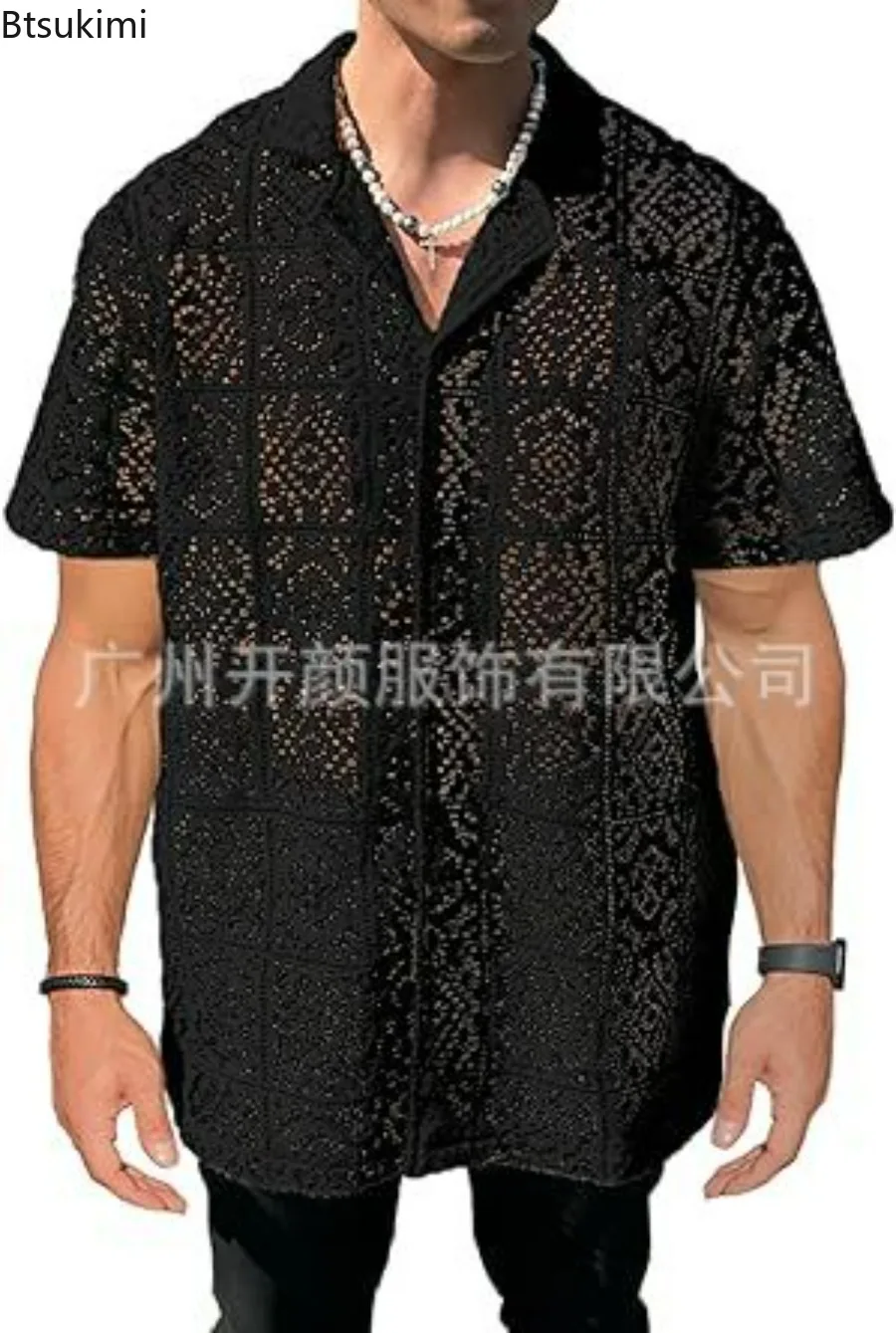 Summer Fashion Men's Lace Hollow Out Shirts Solid Breathable Casual Short-sleeved Cardigan Sexy See Through Mesh Blouse for Male