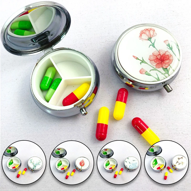 

Stainless Steel Round Pill Box Portable Vintage Three Grids Essential Pill Splitterstravel Pill Candy Splitters Case