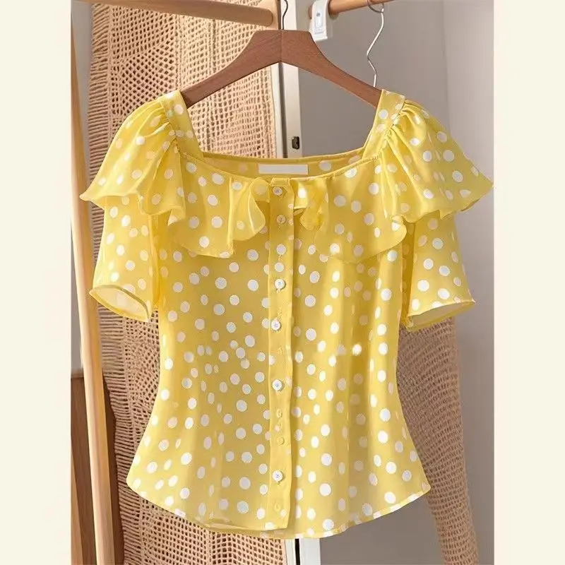 

Korean Yellow Polka Dot Shirts for Women Elegant Office Lady Summer French Fashion Ladies Tops Short Sleeve Blouse for Women
