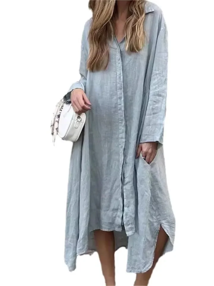 Spring Autumn Solid Color Shirts Dresses Women Casual Simple Loose Irregular Hem Shirt Long Dress Vintage Style Vestidos Female