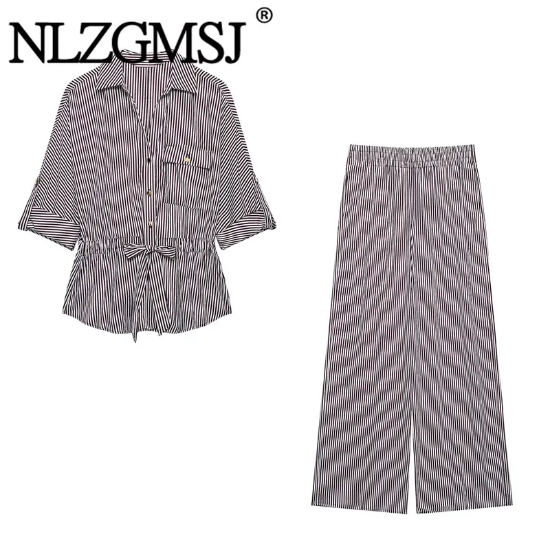 Nlzgmsj 2026 Damen Gestreiftes Zweiteiler-Set mit Bindegürtel Kurzarm-Hemd Weite Hose Lässiges Büro-Damen-Mode-Outfit