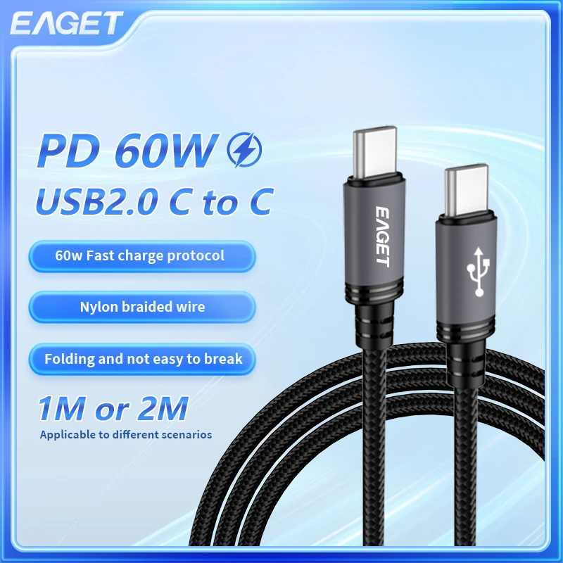 

EAGET 60W Fast Charging Cable USB2.0 C to C Durable High-Speed Data Sync Cable Data Transfer Cable For iPhone