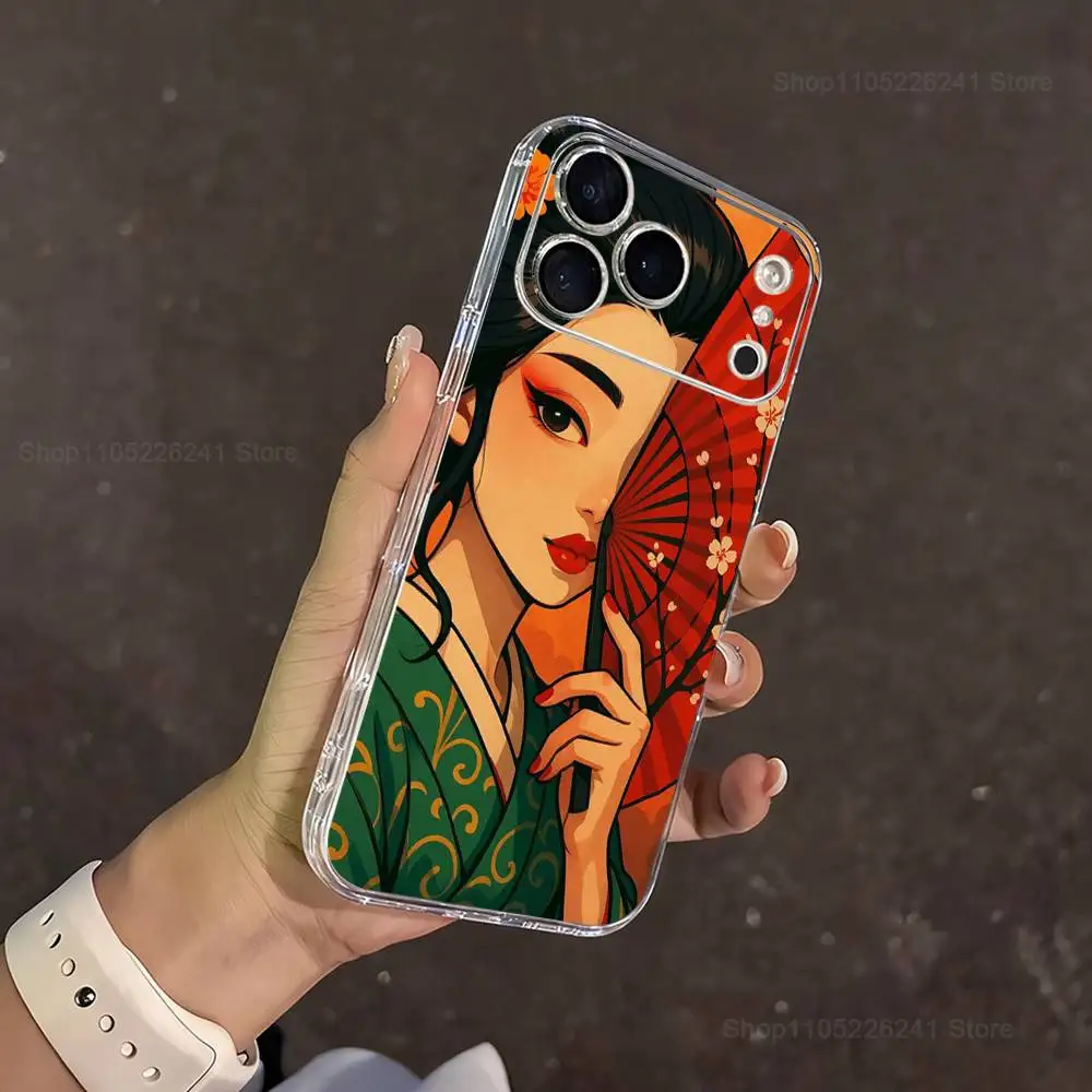 Etui na iPhone'a 16, 13, 12, 11, 17, 14, 15, Pro, Max, Plus, X, XS, XR, SE, Mini z przezroczystego, miękkiego silikonu z motywem gejszy, japońskiej sztuki.