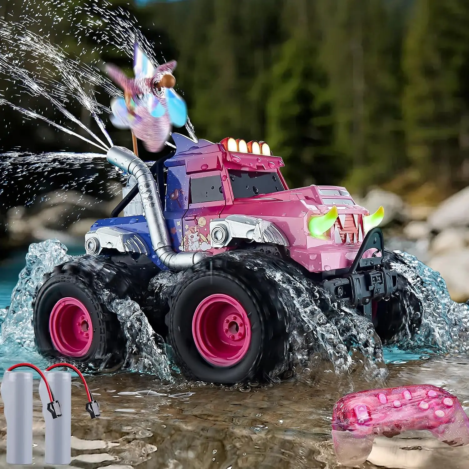 

Remote Control Car for Girls, Waterproof Pink Monster Truck Toys W/Blocks & 360°Spin, 1:18 Amphibious