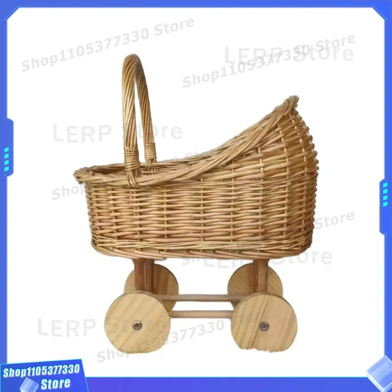 Natural Rattan Stroller Basket with Wooden Wheels Handles Flower Storage Box for Baby Party Decoration Nursery Room Organizer