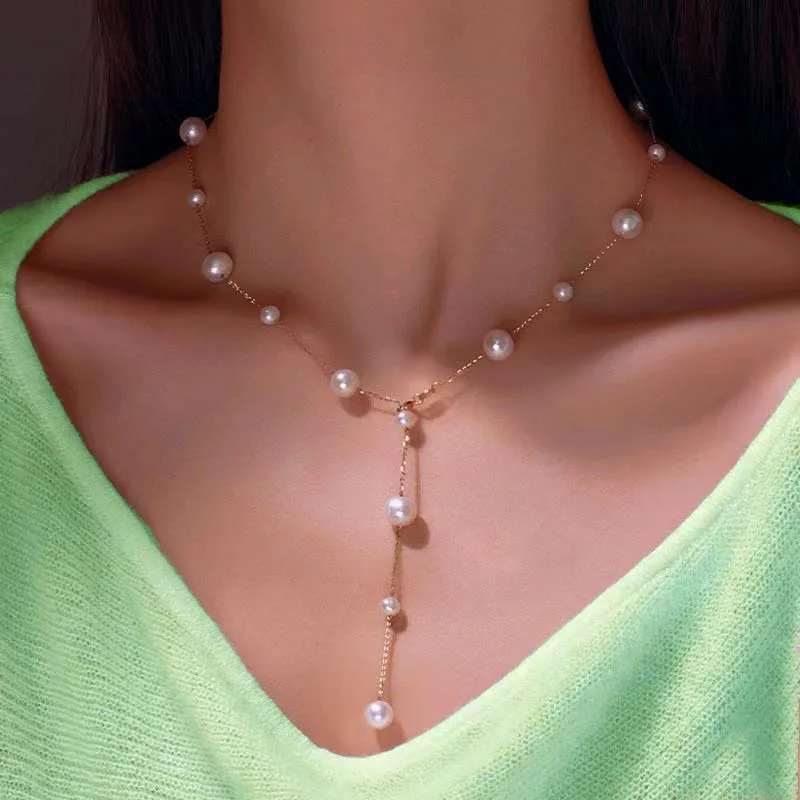 S925 Sterling Silver Near-Round Freshwater Pearl Necklace for Women Popular Pavé Star Collarbone Chain Best Seller Gift