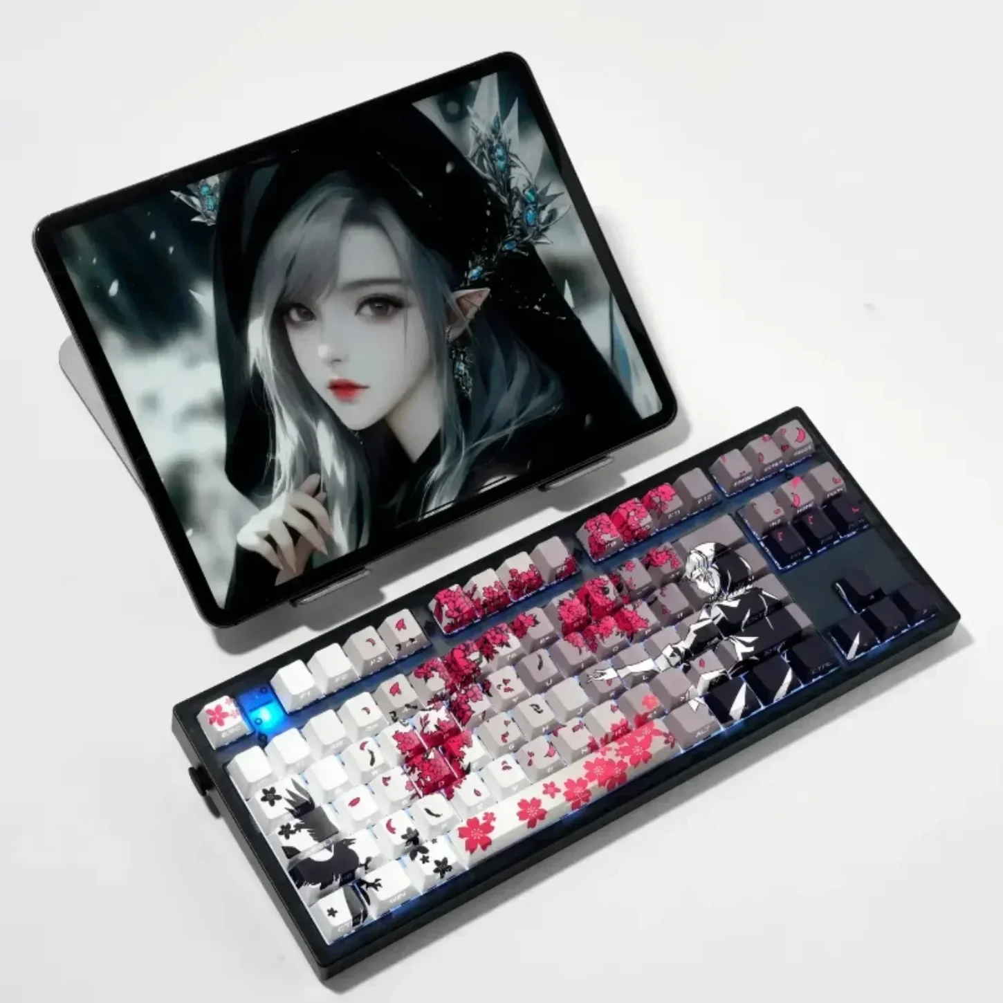 Sakura Raven Keycaps Sakura Sisi Terukir Tembus PBT Sublimasi Termal 130 Tombol untuk MX Switch Gaming Mekanis Keyboard